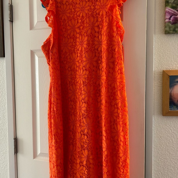 London Times dress bold Halloween orange color lace cap sleeves Sz 16. - Picture 4 of 5